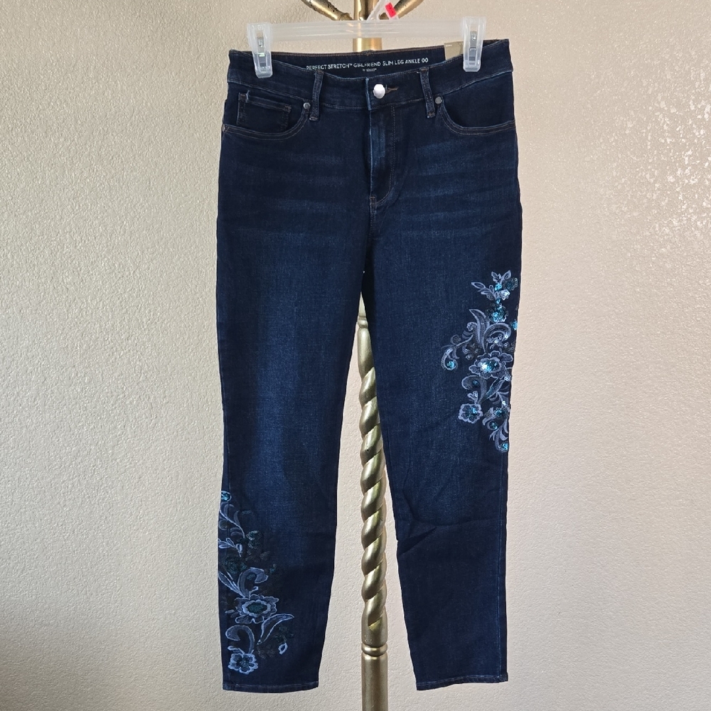 Chico's Dark Blue Embroidered Ankle Jeans